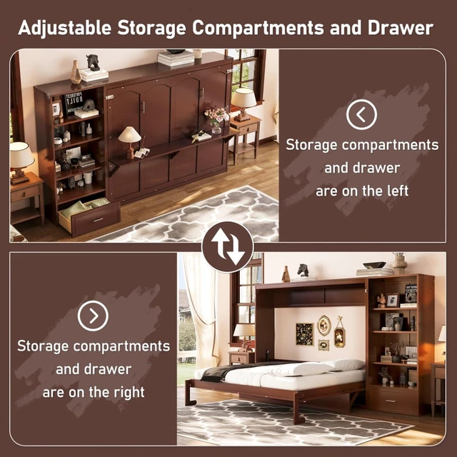 Alt view image 6 of 7 - Hassyee Queen Size Murphy Bed with Height Adjustable Storage Compartments and Shelf, Hidden Murphy Cabinet Bed with Drawer, Foldable Platform Bed for Bedroom Guest Room Apartment (Walnut Queen)