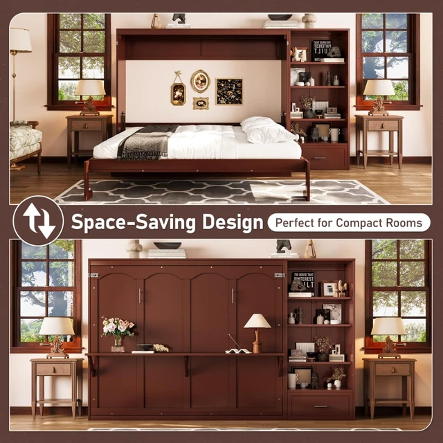 Alt view image 7 of 7 - Hassyee Queen Size Murphy Bed with Height Adjustable Storage Compartments and Shelf, Hidden Murphy Cabinet Bed with Drawer, Foldable Platform Bed for Bedroom Guest Room Apartment (Walnut Queen)