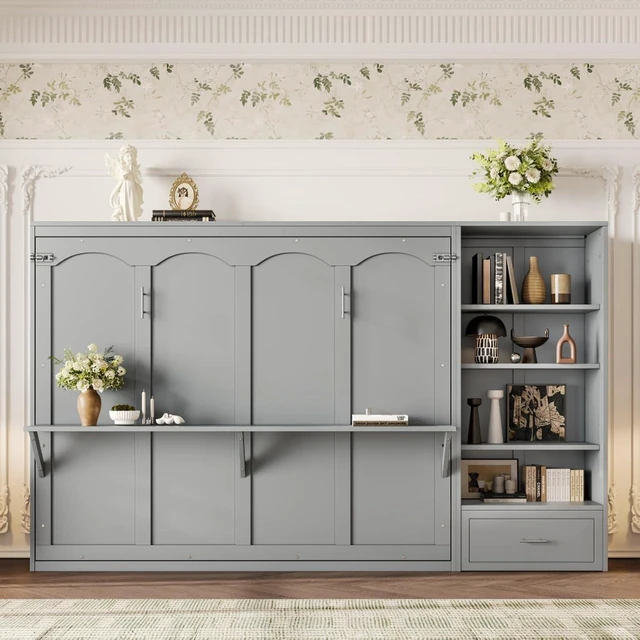 Alt view image 3 of 7 - Hassyee Queen Size Murphy Bed with Height Adjustable Storage Compartments and Shelf, Hidden Murphy Cabinet Bed with Drawer, Foldable Platform Bed for Bedroom Guest Room Apartment (Gray Queen)