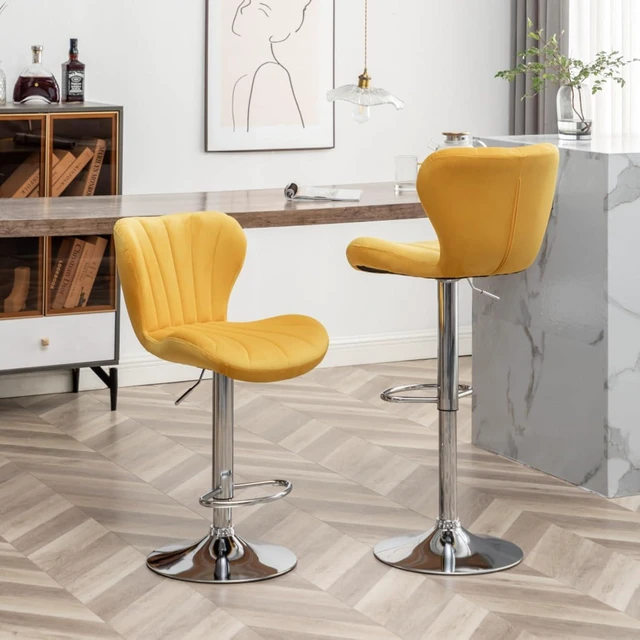 Alt view image 3 of 7 - Fabric Upholstered Bar Stools Set of 2,Comfortable Velvet Barstools w/Adjustable Rotating Base&Backrest for Home Bar,Parsons Chair w/Foot Pedals for Dining Room,Wave Contour Design (Yellow + Set of 2)