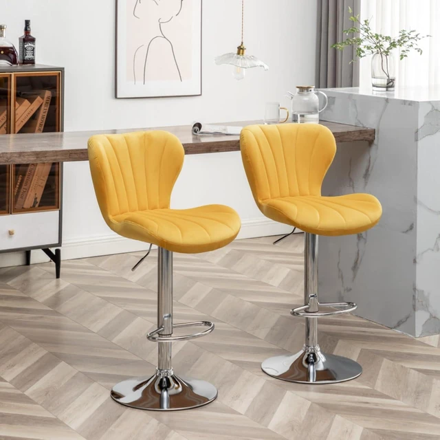 Alt view image 4 of 7 - Fabric Upholstered Bar Stools Set of 2,Comfortable Velvet Barstools w/Adjustable Rotating Base&Backrest for Home Bar,Parsons Chair w/Foot Pedals for Dining Room,Wave Contour Design (Yellow + Set of 2)