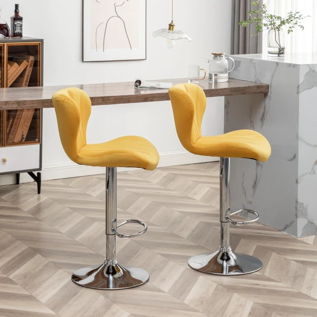 Alt view image 5 of 7 - Fabric Upholstered Bar Stools Set of 2,Comfortable Velvet Barstools w/Adjustable Rotating Base&Backrest for Home Bar,Parsons Chair w/Foot Pedals for Dining Room,Wave Contour Design (Yellow + Set of 2)