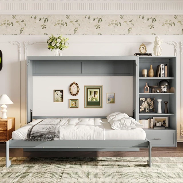 Alt view image 2 of 7 - Hassyee Queen Size Murphy Bed with Height Adjustable Storage Compartments and Shelf, Hidden Murphy Cabinet Bed with Drawer, Foldable Platform Bed for Bedroom Guest Room Apartment (Gray Queen)