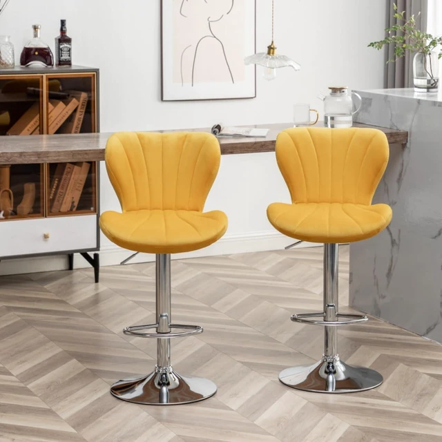Alt view image 6 of 7 - Fabric Upholstered Bar Stools Set of 2,Comfortable Velvet Barstools w/Adjustable Rotating Base&Backrest for Home Bar,Parsons Chair w/Foot Pedals for Dining Room,Wave Contour Design (Yellow + Set of 2)