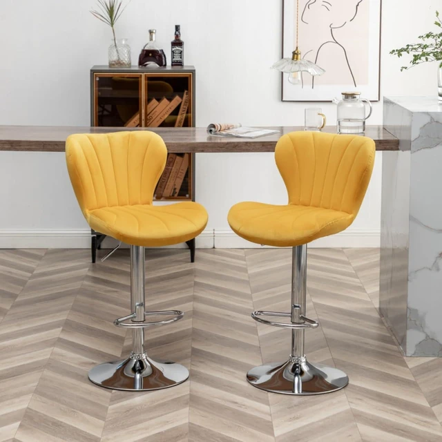 Alt view image 7 of 7 - Fabric Upholstered Bar Stools Set of 2,Comfortable Velvet Barstools w/Adjustable Rotating Base&Backrest for Home Bar,Parsons Chair w/Foot Pedals for Dining Room,Wave Contour Design (Yellow + Set of 2)