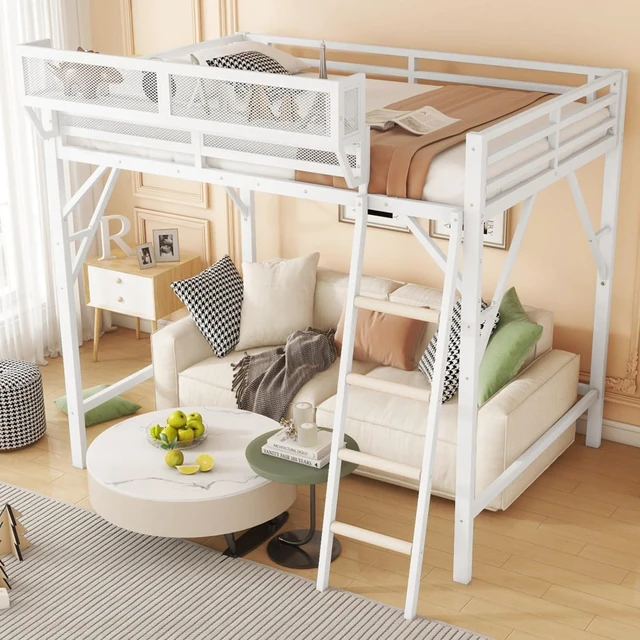 Alt view image 3 of 7 - Queen/Full Size Loft Bed with Ladder and Slats Support, Teens Metal Dorm Bed with Storage Shelves and Safety Guardrail, Corner Beds for Boys Girls Bedroom Apartment, No Box Spring Needed (White Queen)