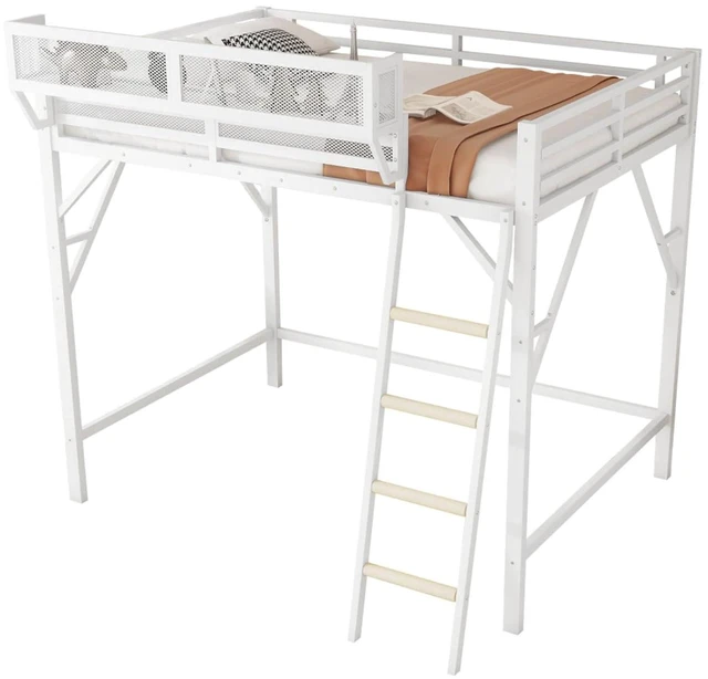 Alt view image 6 of 7 - Queen/Full Size Loft Bed with Ladder and Slats Support, Teens Metal Dorm Bed with Storage Shelves and Safety Guardrail, Corner Beds for Boys Girls Bedroom Apartment, No Box Spring Needed (White Queen)