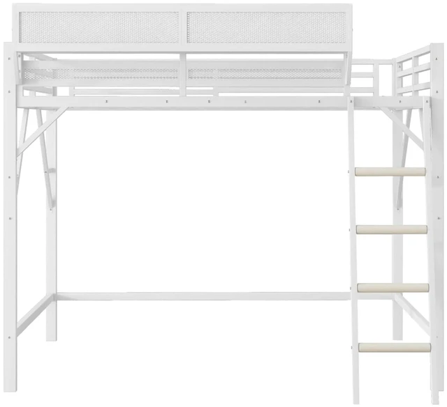 Alt view image 7 of 7 - Queen/Full Size Loft Bed with Ladder and Slats Support, Teens Metal Dorm Bed with Storage Shelves and Safety Guardrail, Corner Beds for Boys Girls Bedroom Apartment, No Box Spring Needed (White Queen)