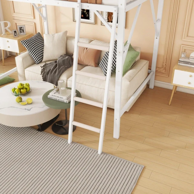 Alt view image 5 of 7 - Queen/Full Size Loft Bed with Ladder and Slats Support, Teens Metal Dorm Bed with Storage Shelves and Safety Guardrail, Corner Beds for Boys Girls Bedroom Apartment, No Box Spring Needed (White Queen)