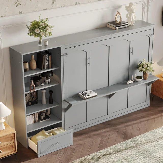 Alt view image 4 of 7 - Hassyee Queen Size Murphy Bed with Height Adjustable Storage Compartments and Shelf, Hidden Murphy Cabinet Bed with Drawer, Foldable Platform Bed for Bedroom Guest Room Apartment (Gray Queen)