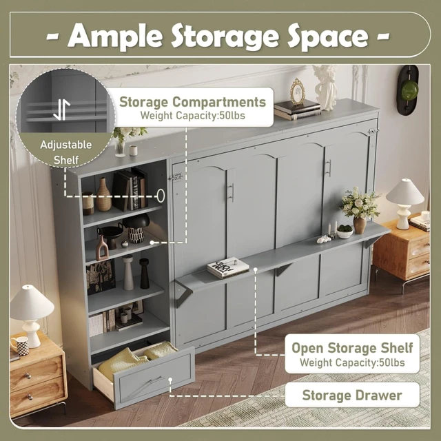 Alt view image 5 of 7 - Hassyee Queen Size Murphy Bed with Height Adjustable Storage Compartments and Shelf, Hidden Murphy Cabinet Bed with Drawer, Foldable Platform Bed for Bedroom Guest Room Apartment (Gray Queen)