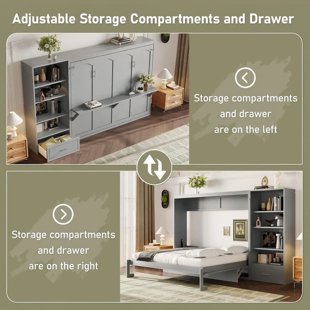 Alt view image 6 of 7 - Hassyee Queen Size Murphy Bed with Height Adjustable Storage Compartments and Shelf, Hidden Murphy Cabinet Bed with Drawer, Foldable Platform Bed for Bedroom Guest Room Apartment (Gray Queen)