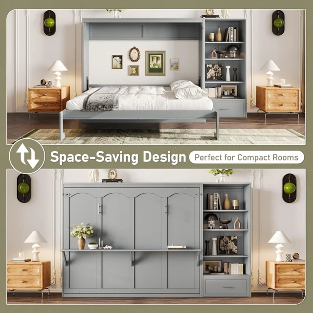 Alt view image 7 of 7 - Hassyee Queen Size Murphy Bed with Height Adjustable Storage Compartments and Shelf, Hidden Murphy Cabinet Bed with Drawer, Foldable Platform Bed for Bedroom Guest Room Apartment (Gray Queen)