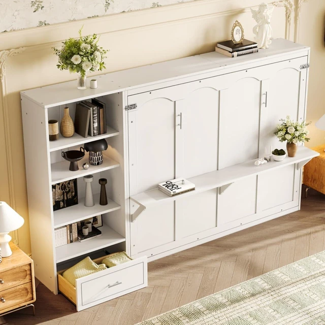 Alt view image 4 of 7 - Hassyee Queen Size Murphy Bed with Height Adjustable Storage Compartments and Shelf, Hidden Murphy Cabinet Bed with Drawer, Foldable Platform Bed for Bedroom Guest Room Apartment (White Queen)