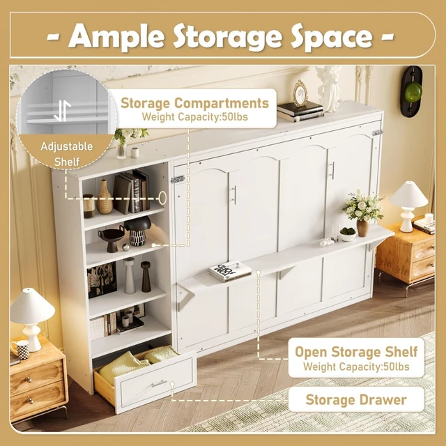 Alt view image 6 of 7 - Hassyee Queen Size Murphy Bed with Height Adjustable Storage Compartments and Shelf, Hidden Murphy Cabinet Bed with Drawer, Foldable Platform Bed for Bedroom Guest Room Apartment (White Queen)