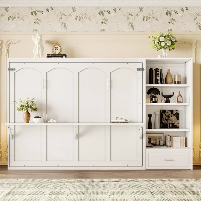 Alt view image 3 of 7 - Hassyee Queen Size Murphy Bed with Height Adjustable Storage Compartments and Shelf, Hidden Murphy Cabinet Bed with Drawer, Foldable Platform Bed for Bedroom Guest Room Apartment (White Queen)