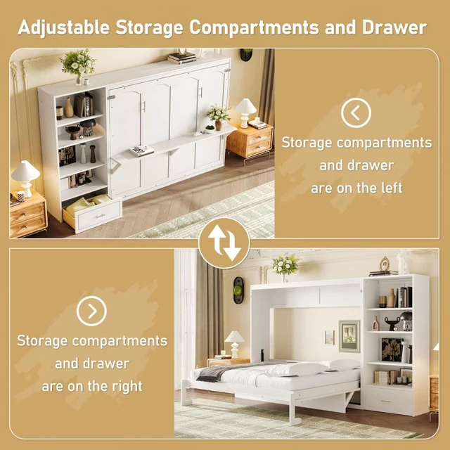 Alt view image 5 of 7 - Hassyee Queen Size Murphy Bed with Height Adjustable Storage Compartments and Shelf, Hidden Murphy Cabinet Bed with Drawer, Foldable Platform Bed for Bedroom Guest Room Apartment (White Queen)