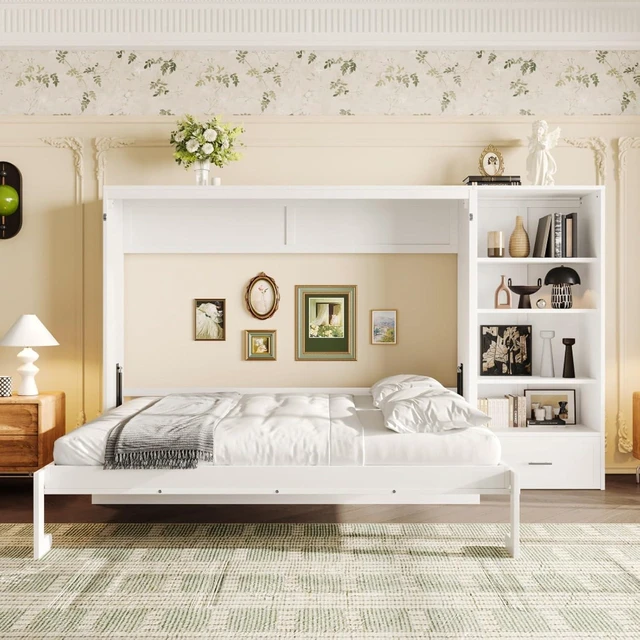 Alt view image 2 of 7 - Hassyee Queen Size Murphy Bed with Height Adjustable Storage Compartments and Shelf, Hidden Murphy Cabinet Bed with Drawer, Foldable Platform Bed for Bedroom Guest Room Apartment (White Queen)