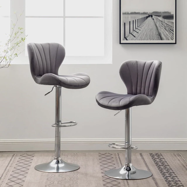 Main image of Fabric Upholstered Bar Stools Set of 2,Comfortable Velvet Barstools w/Adjustable Rotating Base&Backrest for Home Bar,Parsons Chair w/Foot Pedals for Dining Room,Wave Contour Design (Gray + Set of 2)