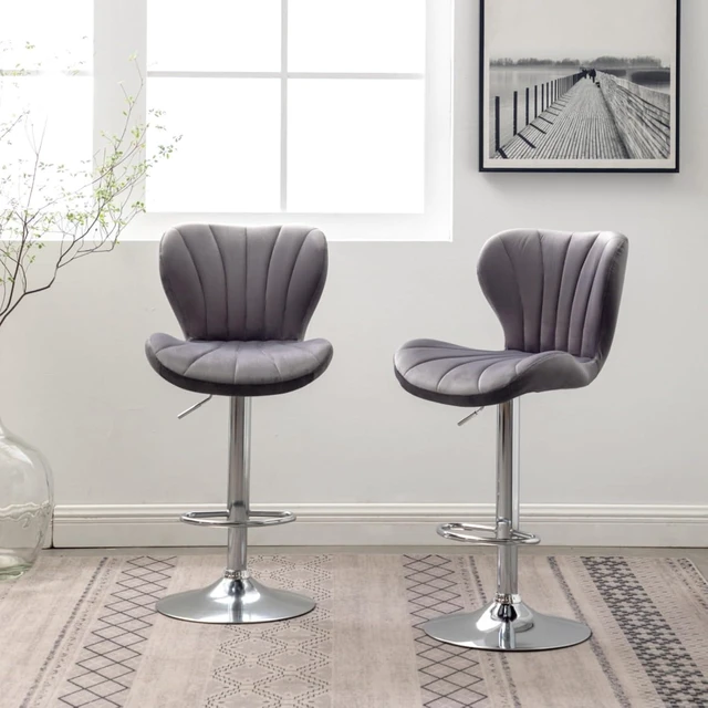Alt view image 4 of 7 - Fabric Upholstered Bar Stools Set of 2,Comfortable Velvet Barstools w/Adjustable Rotating Base&Backrest for Home Bar,Parsons Chair w/Foot Pedals for Dining Room,Wave Contour Design (Gray + Set of 2)