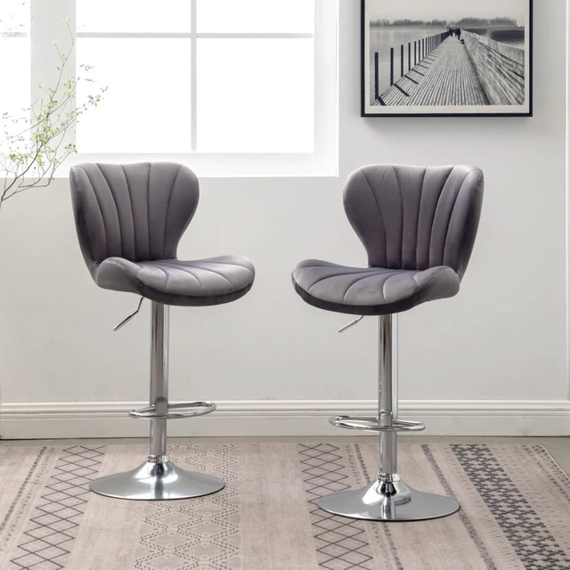 Alt view image 3 of 7 - Fabric Upholstered Bar Stools Set of 2,Comfortable Velvet Barstools w/Adjustable Rotating Base&Backrest for Home Bar,Parsons Chair w/Foot Pedals for Dining Room,Wave Contour Design (Gray + Set of 2)