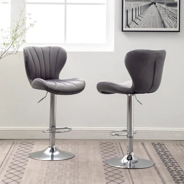Alt view image 5 of 7 - Fabric Upholstered Bar Stools Set of 2,Comfortable Velvet Barstools w/Adjustable Rotating Base&Backrest for Home Bar,Parsons Chair w/Foot Pedals for Dining Room,Wave Contour Design (Gray + Set of 2)