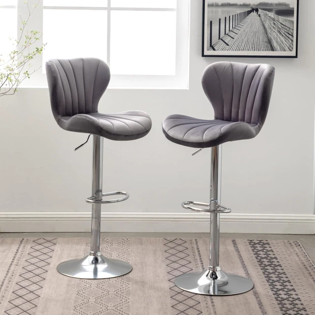 Alt view image 6 of 7 - Fabric Upholstered Bar Stools Set of 2,Comfortable Velvet Barstools w/Adjustable Rotating Base&Backrest for Home Bar,Parsons Chair w/Foot Pedals for Dining Room,Wave Contour Design (Gray + Set of 2)