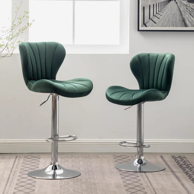 Main image of Fabric Upholstered Bar Stools Set of 2,Comfortable Velvet Barstools w/Adjustable Rotating Base&Backrest for Home Bar,Parsons Chair w/Foot Pedals for Dining Room,Wave Contour Design (Green + Set of 2)