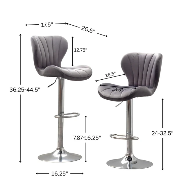 Alt view image 2 of 7 - Fabric Upholstered Bar Stools Set of 2,Comfortable Velvet Barstools w/Adjustable Rotating Base&Backrest for Home Bar,Parsons Chair w/Foot Pedals for Dining Room,Wave Contour Design (Gray + Set of 2)