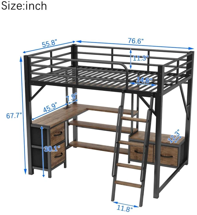 Alt view image 2 of 7 - Hassyee Full Size Loft Bed with Desk & Storage Shelves, Metal Dorm Bed with LED Light, Ladder & Safety Guardrail, Corner Beds with Drawers & Charge Station for Boys Girls Bedroom Guest Playroom