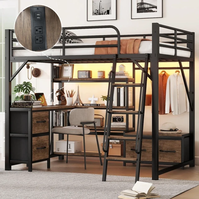 Alt view image 3 of 7 - Hassyee Full Size Loft Bed with Desk & Storage Shelves, Metal Dorm Bed with LED Light, Ladder & Safety Guardrail, Corner Beds with Drawers & Charge Station for Boys Girls Bedroom Guest Playroom