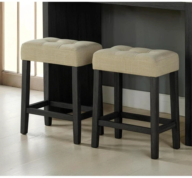 Alt view image 3 of 7 - Hassyee 3-Piece Kitchen Table Set with Rectangular Table and 2 Biscuit Tufted Stools for Small Places, Farmhouse Dining Sets with Solid Wood Frame for Dining Room and Kitchen