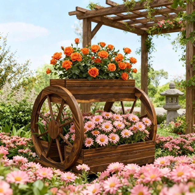 Main image of Hassyee 3-Tier Outdoor Planter Box with Wagon Wheel Design and Drainage Holes for Growing Vegetables, Flowers, Wooden Raised Bed with Rustic Look for Garden, Lawn, Backyard