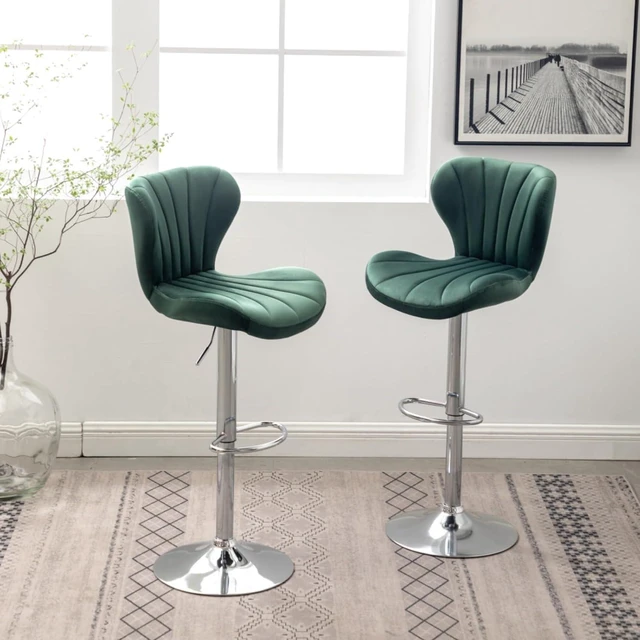 Alt view image 3 of 7 - Fabric Upholstered Bar Stools Set of 2,Comfortable Velvet Barstools w/Adjustable Rotating Base&Backrest for Home Bar,Parsons Chair w/Foot Pedals for Dining Room,Wave Contour Design (Green + Set of 2)