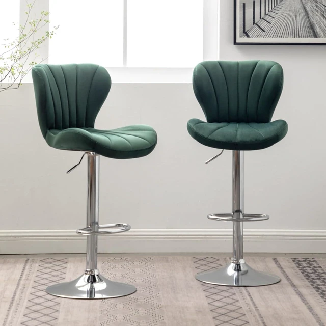 Alt view image 4 of 7 - Fabric Upholstered Bar Stools Set of 2,Comfortable Velvet Barstools w/Adjustable Rotating Base&Backrest for Home Bar,Parsons Chair w/Foot Pedals for Dining Room,Wave Contour Design (Green + Set of 2)