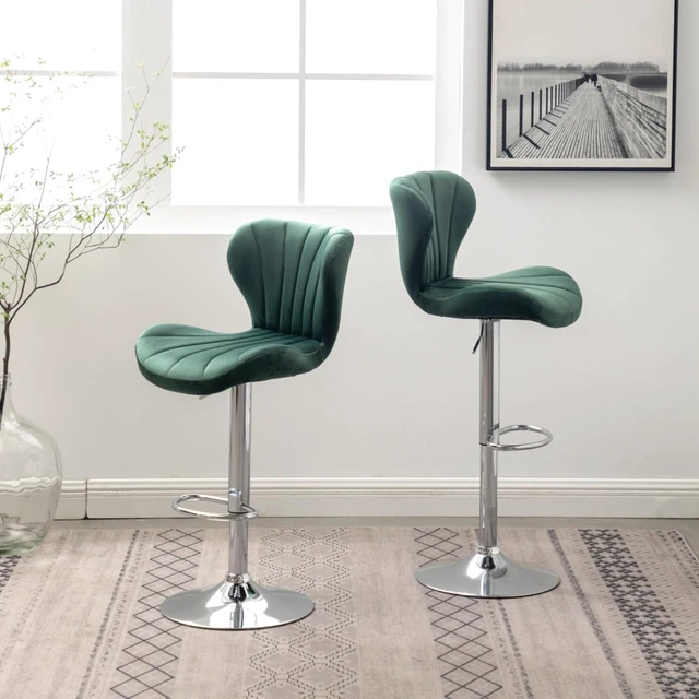 Alt view image 5 of 7 - Fabric Upholstered Bar Stools Set of 2,Comfortable Velvet Barstools w/Adjustable Rotating Base&Backrest for Home Bar,Parsons Chair w/Foot Pedals for Dining Room,Wave Contour Design (Green + Set of 2)