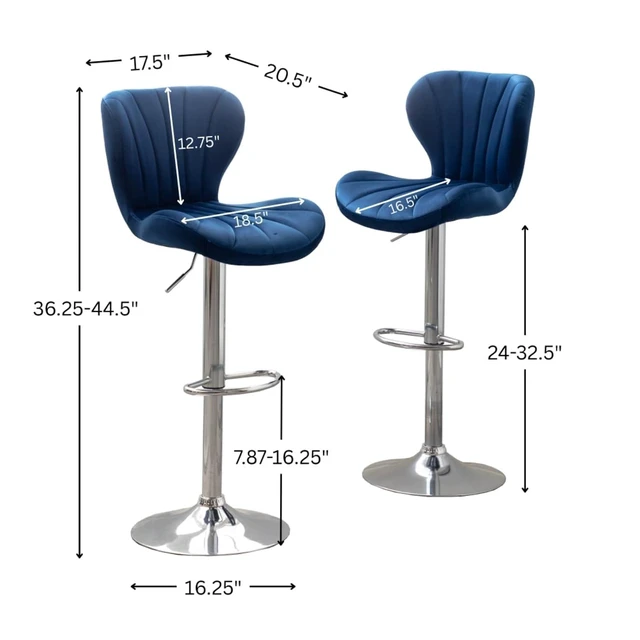 Alt view image 2 of 7 - Fabric Upholstered Bar Stools Set of 2,Comfortable Velvet Barstools w/Adjustable Rotating Base&Backrest for Home Bar,Parsons Chair w/Foot Pedals for Dining Room,Wave Contour Design (Blue + Set of 2)