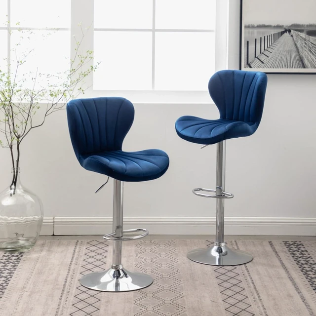 Main image of Fabric Upholstered Bar Stools Set of 2,Comfortable Velvet Barstools w/Adjustable Rotating Base&Backrest for Home Bar,Parsons Chair w/Foot Pedals for Dining Room,Wave Contour Design (Blue + Set of 2)