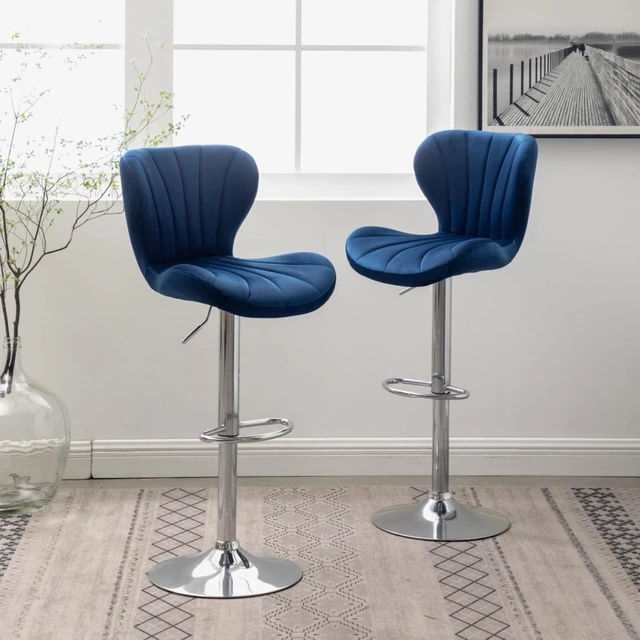 Alt view image 4 of 7 - Fabric Upholstered Bar Stools Set of 2,Comfortable Velvet Barstools w/Adjustable Rotating Base&Backrest for Home Bar,Parsons Chair w/Foot Pedals for Dining Room,Wave Contour Design (Blue + Set of 2)