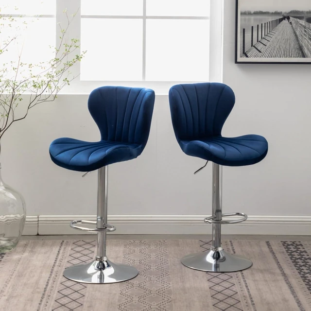 Alt view image 3 of 7 - Fabric Upholstered Bar Stools Set of 2,Comfortable Velvet Barstools w/Adjustable Rotating Base&Backrest for Home Bar,Parsons Chair w/Foot Pedals for Dining Room,Wave Contour Design (Blue + Set of 2)
