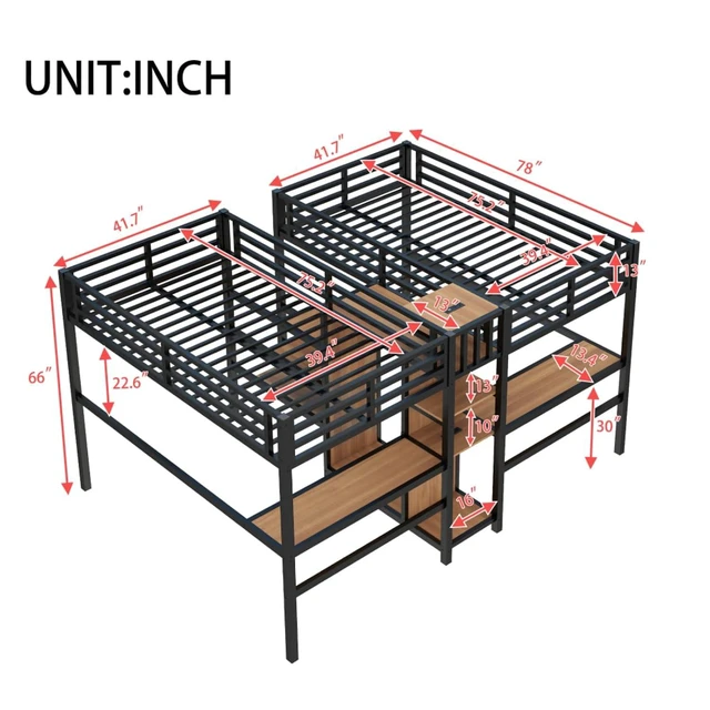 Alt view image 2 of 7 - Twin Over Twin Metal Loft Bed with Double Desk and Wardrobe, Dorm Bed with Ladder, Guardrail and Storage Shelves for Teens Shared Room Bedroom Apartment, Noise Reduction (Natural Twin Over Twin)