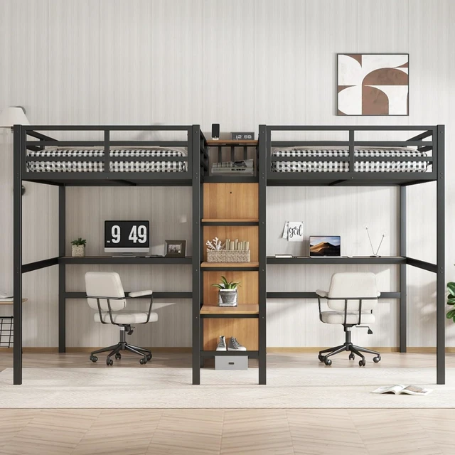 Alt view image 3 of 7 - Twin Over Twin Metal Loft Bed with Double Desk and Wardrobe, Dorm Bed with Ladder, Guardrail and Storage Shelves for Teens Shared Room Bedroom Apartment, Noise Reduction (Natural Twin Over Twin)
