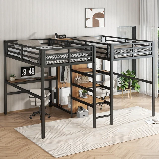 Alt view image 4 of 7 - Twin Over Twin Metal Loft Bed with Double Desk and Wardrobe, Dorm Bed with Ladder, Guardrail and Storage Shelves for Teens Shared Room Bedroom Apartment, Noise Reduction (Natural Twin Over Twin)