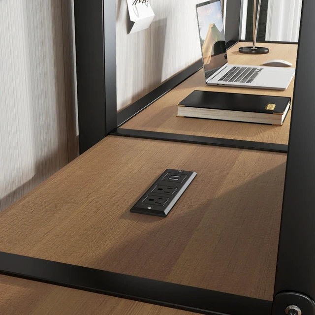 Alt view image 6 of 7 - Twin Over Twin Metal Loft Bed with Double Desk and Wardrobe, Dorm Bed with Ladder, Guardrail and Storage Shelves for Teens Shared Room Bedroom Apartment, Noise Reduction (Natural Twin Over Twin)