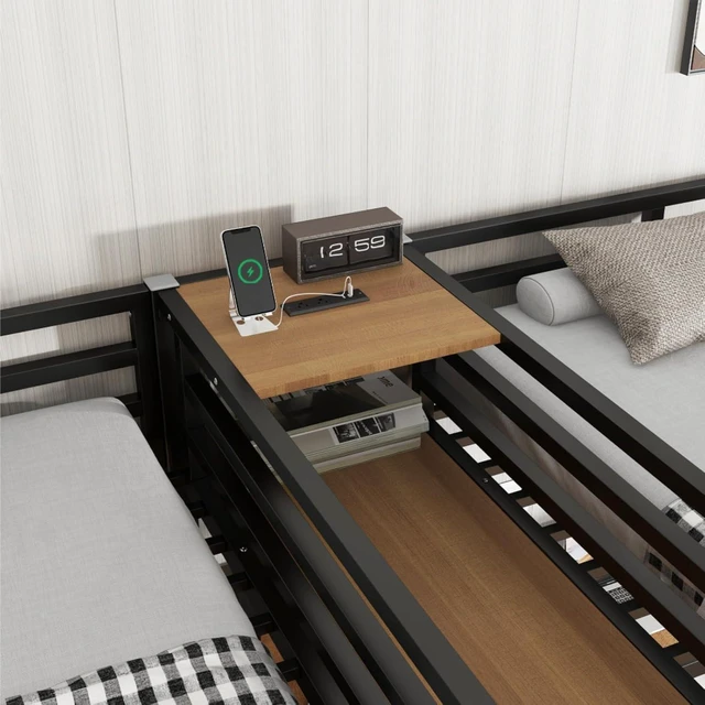 Alt view image 5 of 7 - Twin Over Twin Metal Loft Bed with Double Desk and Wardrobe, Dorm Bed with Ladder, Guardrail and Storage Shelves for Teens Shared Room Bedroom Apartment, Noise Reduction (Natural Twin Over Twin)