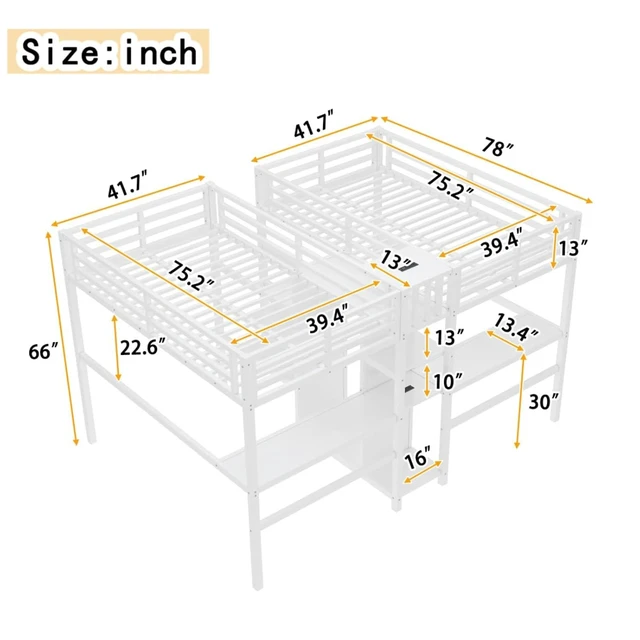 Alt view image 2 of 7 - Twin Over Twin Metal Loft Bed with Double Desk and Wardrobe, Dorm Bed with Ladder, Guardrail and Storage Shelves for Teens Shared Room Bedroom Apartment, Noise Reduction (Beige Twin Over Twin)