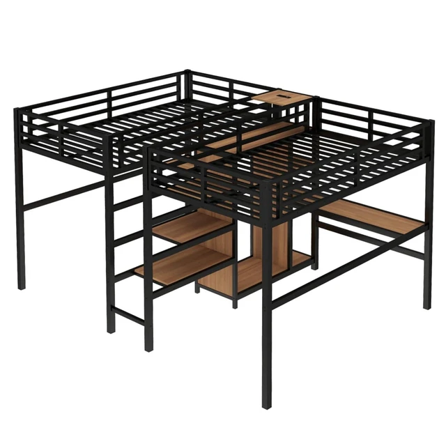 Alt view image 7 of 7 - Twin Over Twin Metal Loft Bed with Double Desk and Wardrobe, Dorm Bed with Ladder, Guardrail and Storage Shelves for Teens Shared Room Bedroom Apartment, Noise Reduction (Natural Twin Over Twin)