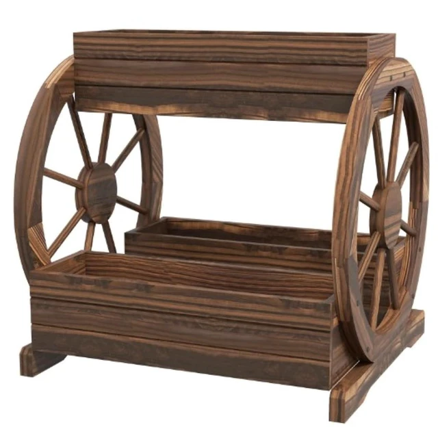 Alt view image 2 of 7 - Hassyee 3-Tier Outdoor Planter Box with Wagon Wheel Design and Drainage Holes for Growing Vegetables, Flowers, Wooden Raised Bed with Rustic Look for Garden, Lawn, Backyard