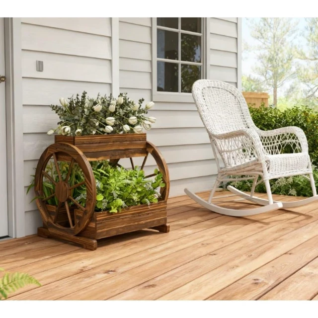 Alt view image 4 of 7 - Hassyee 3-Tier Outdoor Planter Box with Wagon Wheel Design and Drainage Holes for Growing Vegetables, Flowers, Wooden Raised Bed with Rustic Look for Garden, Lawn, Backyard