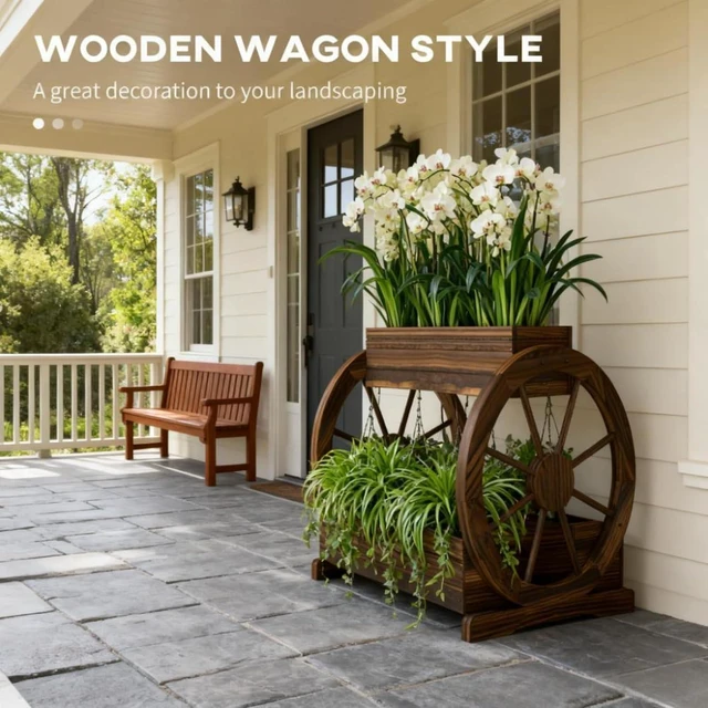 Alt view image 5 of 7 - Hassyee 3-Tier Outdoor Planter Box with Wagon Wheel Design and Drainage Holes for Growing Vegetables, Flowers, Wooden Raised Bed with Rustic Look for Garden, Lawn, Backyard